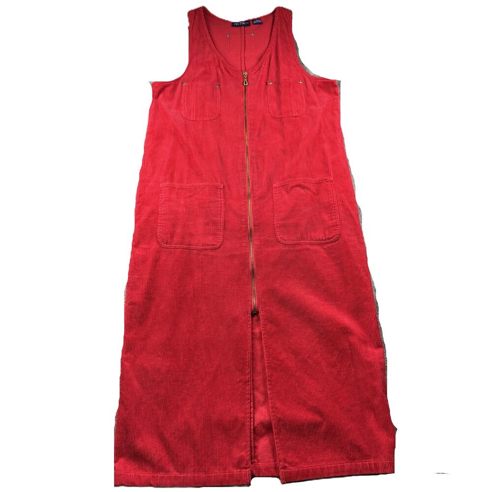 Kim Rogers Women Jumper Dress Vintage Corduroy Midi Front Zip Red Size 14 Q198